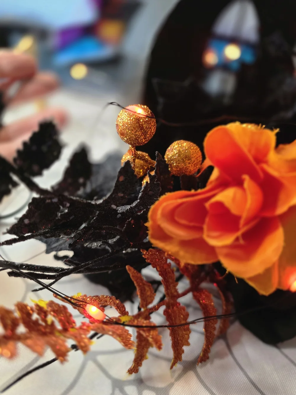 Martha Stewart Halloween Orange & Black Haunterhouse Floral Decor With Lights